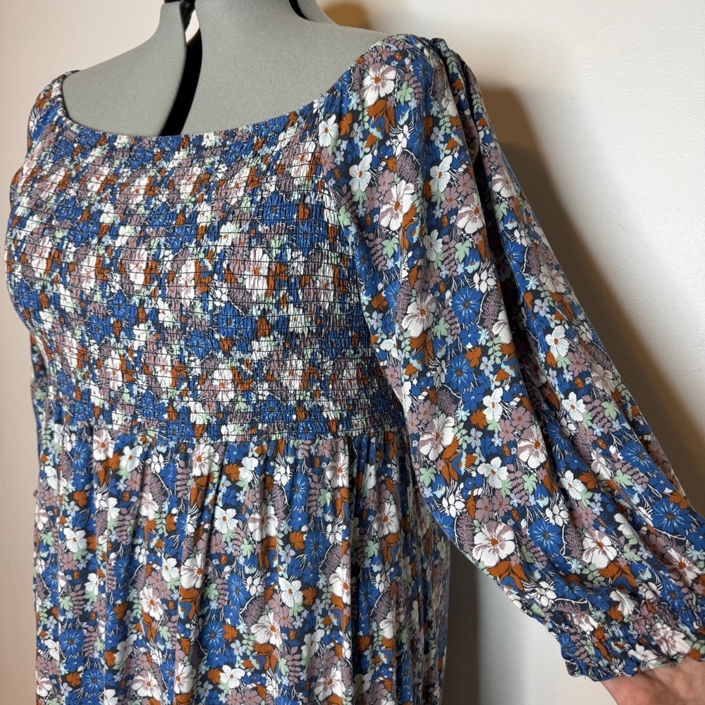 Smocked Blue Floral Off-Shoulder Dress - Picture 2 of 4